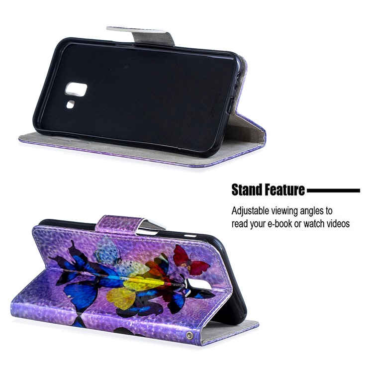 Laser Carving Pattern Printing Wallet Stand Leather Case with Strap for Samsung Galaxy J6+ - Colorful Butterflies-2