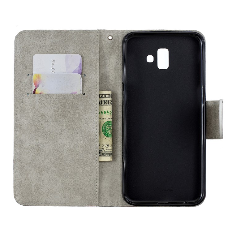 Laser Carving Pattern Printing Wallet Stand Leather Case with Strap for Samsung Galaxy J6+ - Colorful Butterflies-5