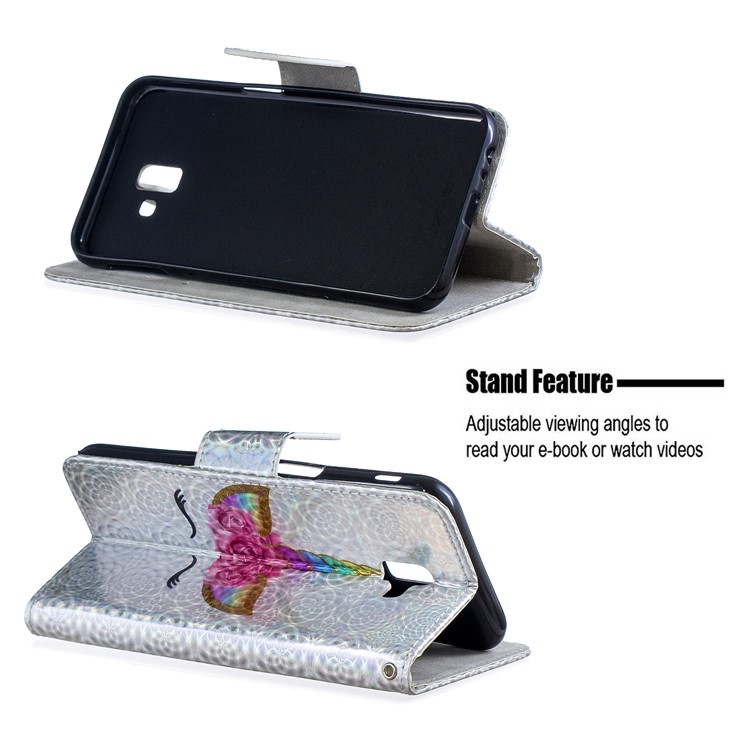 Laser Carving Pattern Printing Wallet Stand Leather Case with Strap for Samsung Galaxy J6+ - Happy Eyes under the Flower Hat-2