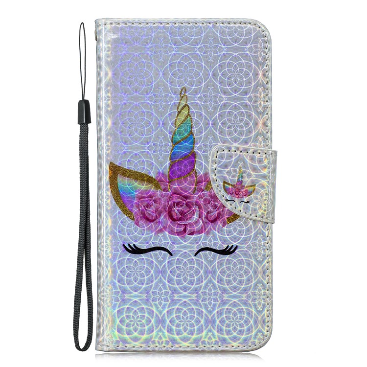 Laser Carving Pattern Printing Wallet Stand Leather Case with Strap for Samsung Galaxy J6+ - Happy Eyes under the Flower Hat-3