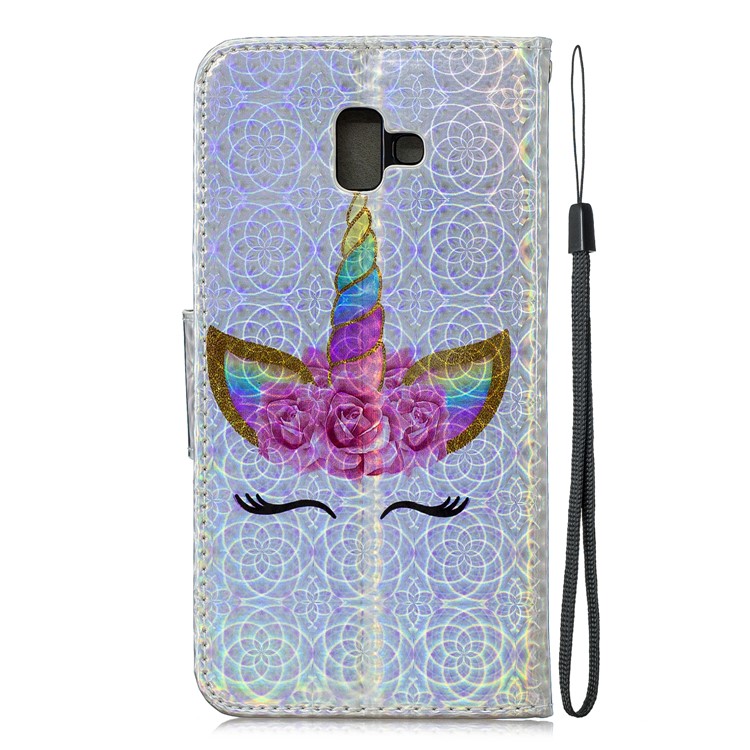Laser Carving Pattern Printing Wallet Stand Leather Case with Strap for Samsung Galaxy J6+ - Happy Eyes under the Flower Hat-4