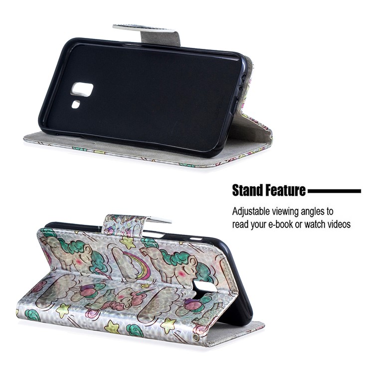 Laser Carving Pattern Printing Wallet Stand Leather Case with Strap for Samsung Galaxy J6+ - Unicorns and Cloud-2