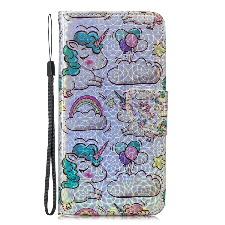 Laser Carving Pattern Printing Wallet Stand Leather Case with Strap for Samsung Galaxy J6+ - Unicorns and Cloud-3