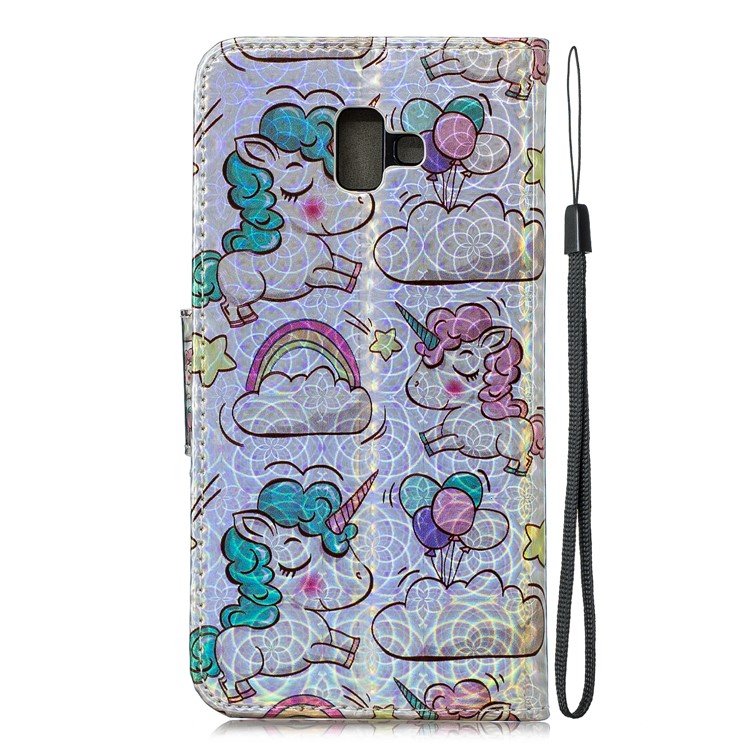 Laser Carving Pattern Printing Wallet Stand Leather Case with Strap for Samsung Galaxy J6+ - Unicorns and Cloud-4