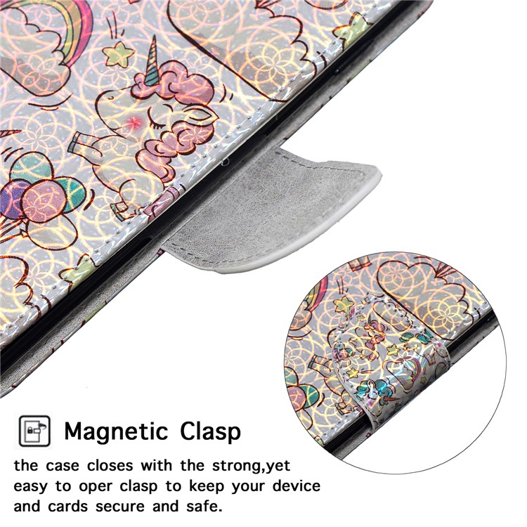 Laser Carving Pattern Printing Wallet Stand Leather Case with Strap for Samsung Galaxy J6+ - Unicorns and Cloud-6