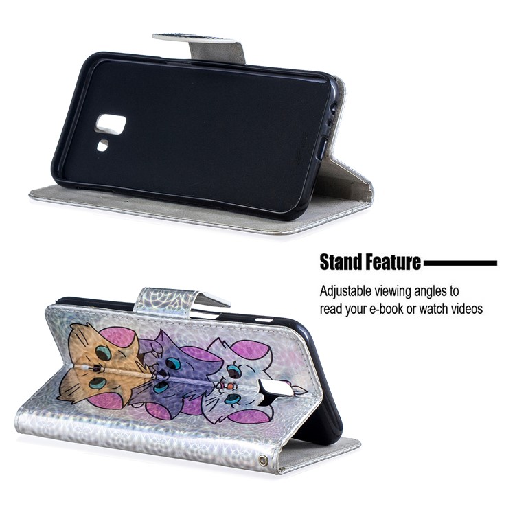 Laser Carving Pattern Printing Wallet Stand Leather Case with Strap for Samsung Galaxy J6+ - Three Cute Cats-2