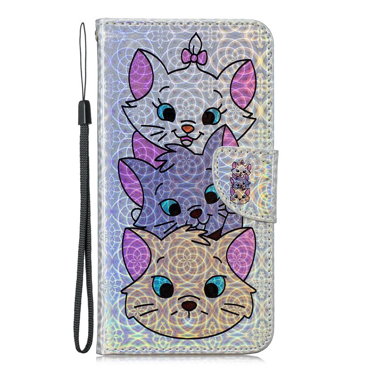 Laser Carving Pattern Printing Wallet Stand Leather Case with Strap for Samsung Galaxy J6+ - Three Cute Cats-3