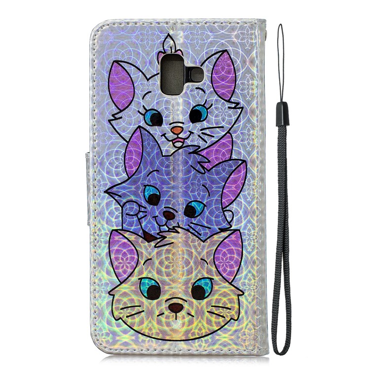 Laser Carving Pattern Printing Wallet Stand Leather Case with Strap for Samsung Galaxy J6+ - Three Cute Cats-4