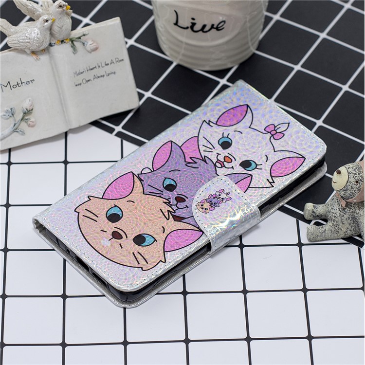 Laser Carving Pattern Printing Wallet Stand Leather Case with Strap for Samsung Galaxy J6+ - Three Cute Cats-7
