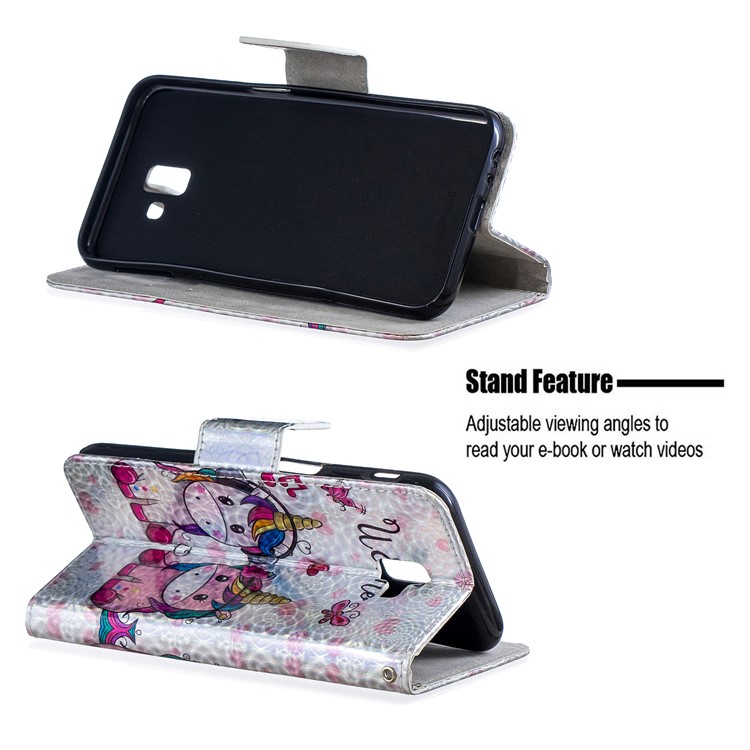 Laser Carving Pattern Printing Wallet Stand Leather Case with Strap for Samsung Galaxy J6+ - Couple Unicorns-2