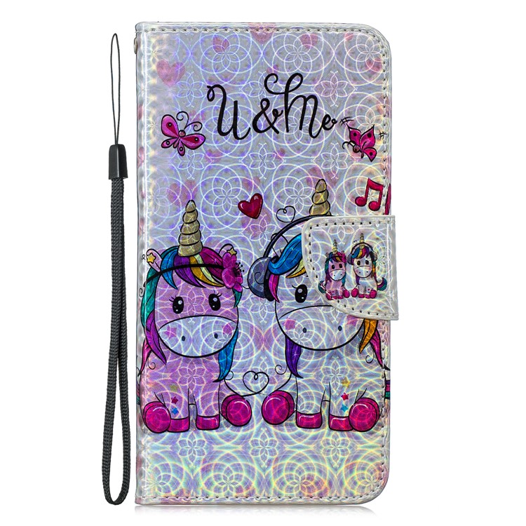 Laser Carving Pattern Printing Wallet Stand Leather Case with Strap for Samsung Galaxy J6+ - Couple Unicorns-3