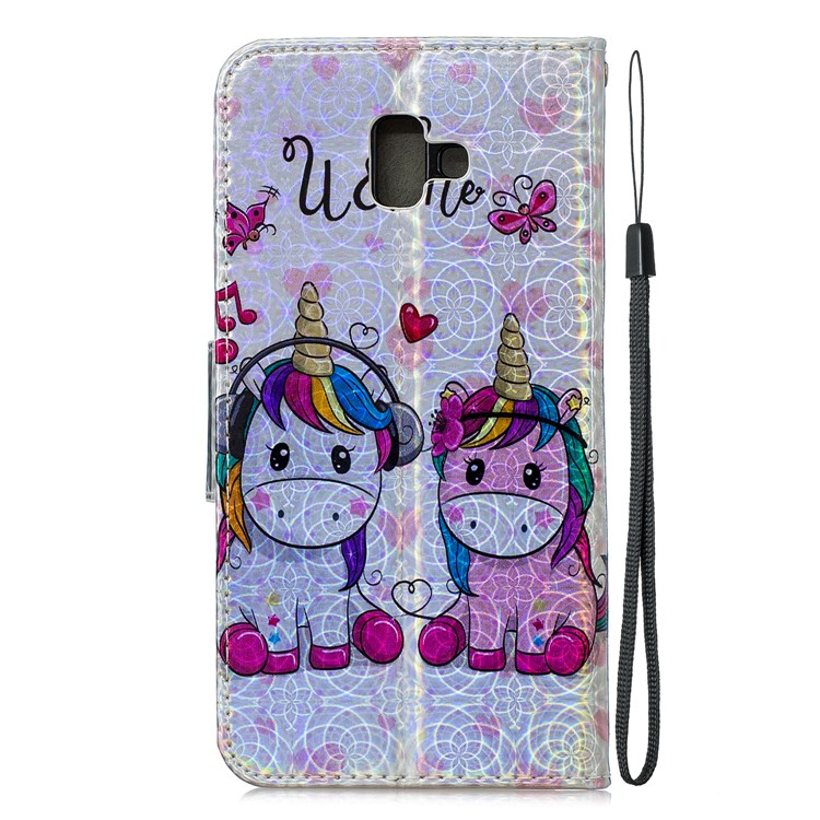 Laser Carving Pattern Printing Wallet Stand Leather Case with Strap for Samsung Galaxy J6+ - Couple Unicorns-4