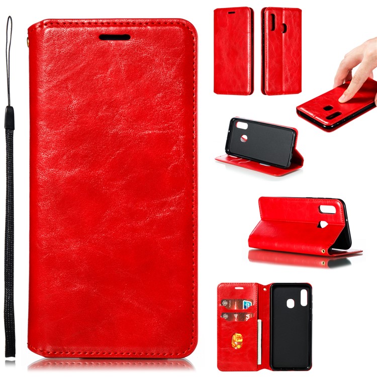 Creazy Horse Texture Leather Strong Magnetic Suction Shell for Samsung Galaxy A20e - Red-1