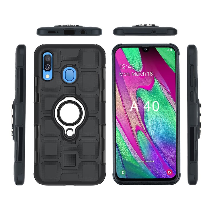 Geometric Pattern TPU+PC Phone Shell with Magnetic Car Mount Ring Holder for Samsung Galaxy A40 - Black-2