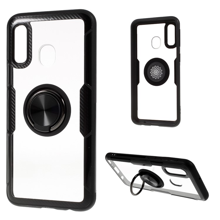 Clear Finger Ring Kickstand TPU + PC + Metal Back Case for Samsung Galaxy A40 - All Black-1