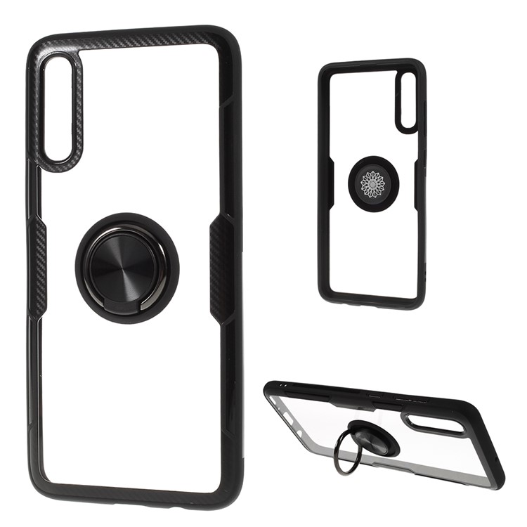Clear Finger Ring Kickstand TPU + PC + Metal Back Case for Samsung Galaxy A70 - All Black-1