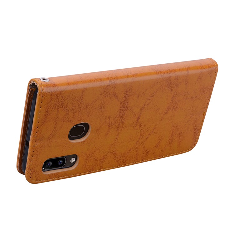 HAT PRINCE Vintage Style Oil Wax Leather Wallet Stand Phone Casing for Samsung Galaxy A20e - Brown-4