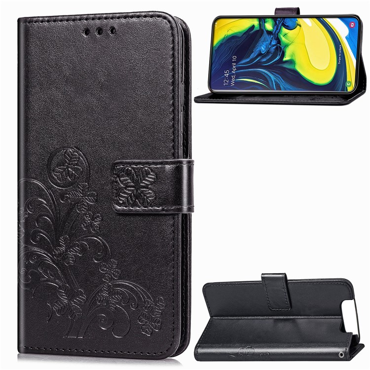 HAT PRINCE Imprint Four-leaf Wallet Stand Leather Casing for Samsung Galaxy A80 - Black-1