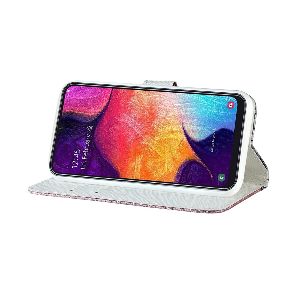 Krokodilbeschaffenheit + Flash Pulver Leder Wallet Stand Fall Für Samsung Galaxy A20 / A30 - Rosengold.