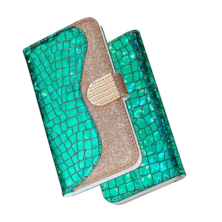 Crocodile Skin Glittery Powder Splicing Wallet Leather Case for Samsung Galaxy A40 - Green-1