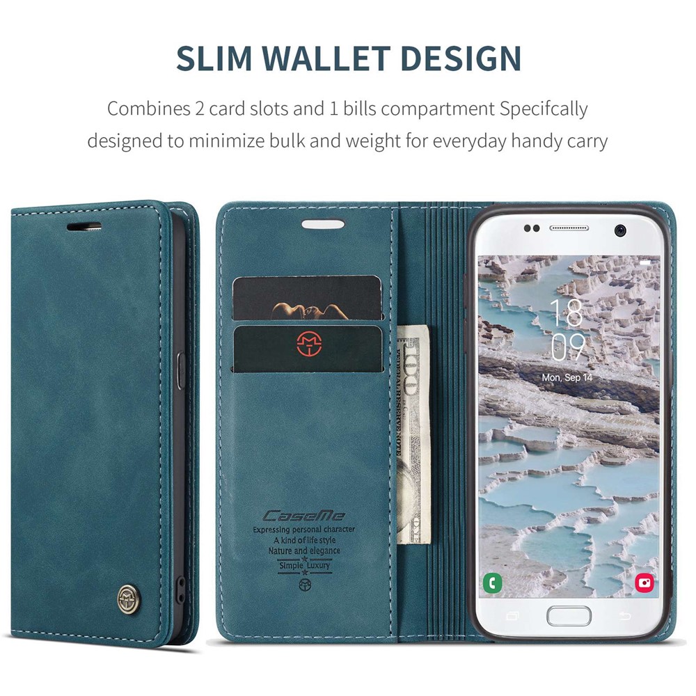 CASEME 013 Series Auto-absorbed Leather Wallet Phone Shell for Samsung Galaxy S7 SM-G930 - Blue-4