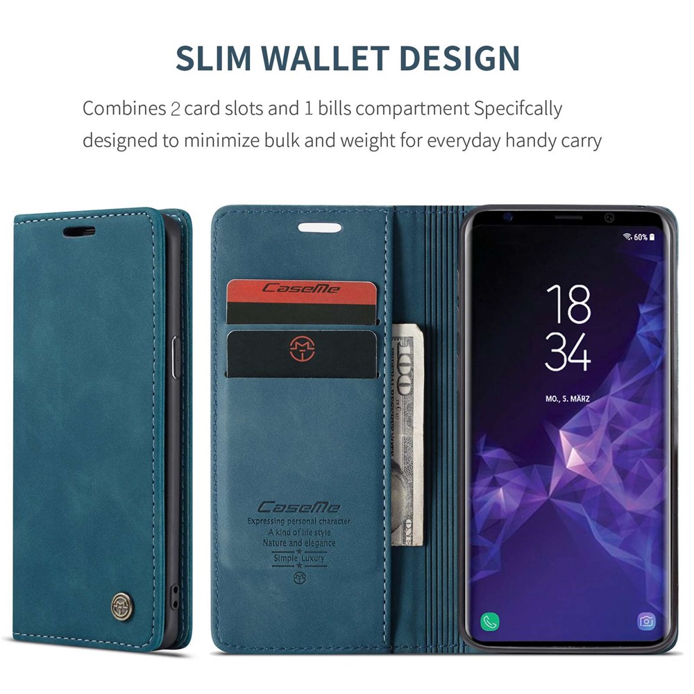 CASEME 013 Series Auto-absorbed Leather Wallet Stand Case for Samsung Galaxy S9 G960 - Blue-2