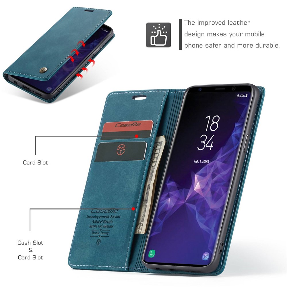 Caseme 013 Serie Auto-absorbido de Cuero de Cuero Stand Case Para Samsung Galaxy S9 G960 - Azul