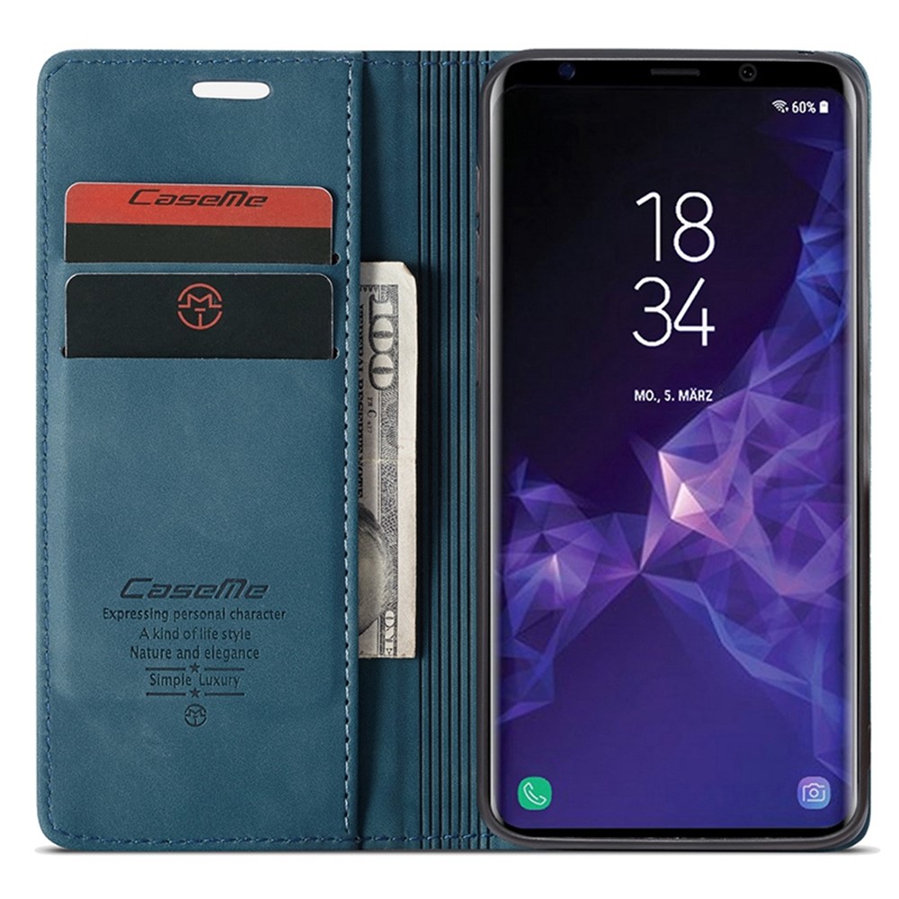 CASEME 013 Series Auto-absorbed Leather Wallet Stand Case for Samsung Galaxy S9 G960 - Blue-4
