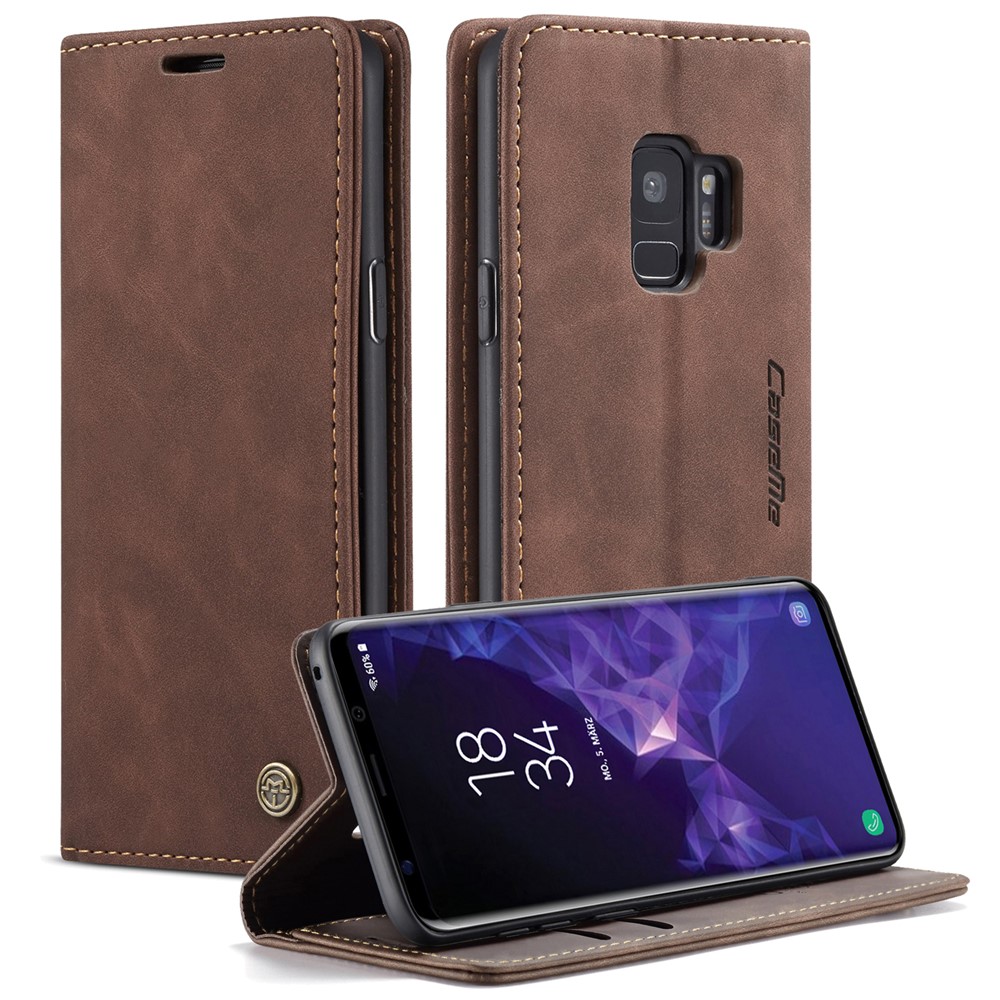 CASEME 013 Series Auto-absorbed Leather Wallet Stand Case for Samsung Galaxy S9 G960 - Coffee