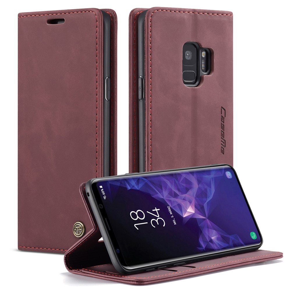 CASEME 013 Series Auto-absorbed Leather Wallet Stand Case for Samsung Galaxy S9 G960 - Wine Red