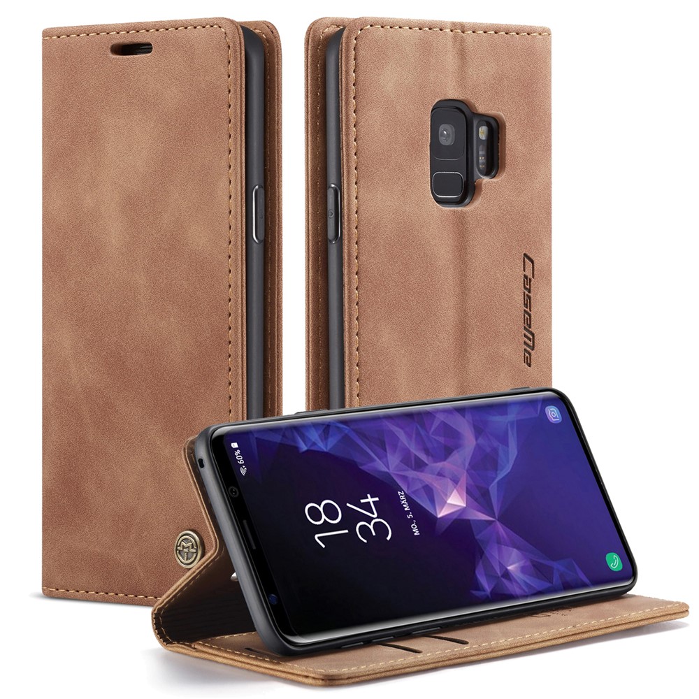 CASEME 013 Series Auto-absorbed Leather Wallet Stand Case for Samsung Galaxy S9 G960 - Brown