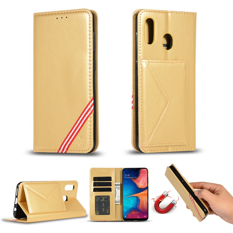

Rainbow Series Auto-absorbed Wallet Stand Leather Phone Shell for Samsung Galaxy A30 - Gold, Galaxy A30