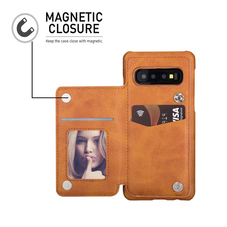 PU Leather + PC Card Holder Kickstand Phone Case Cover for Samsung Galaxy S10 Plus - Brown-12