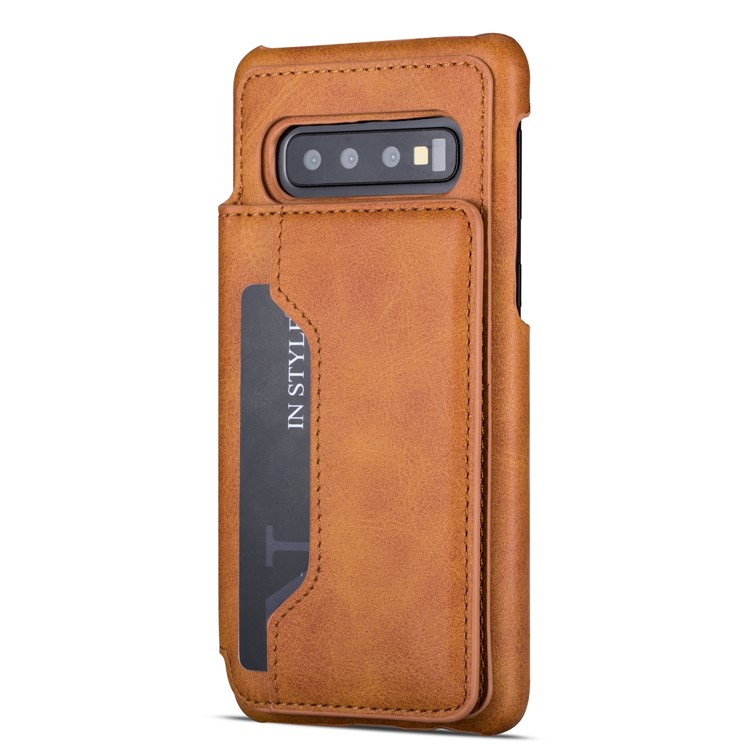 PU Leather + PC Card Holder Kickstand Phone Case Cover for Samsung Galaxy S10 Plus - Brown-2