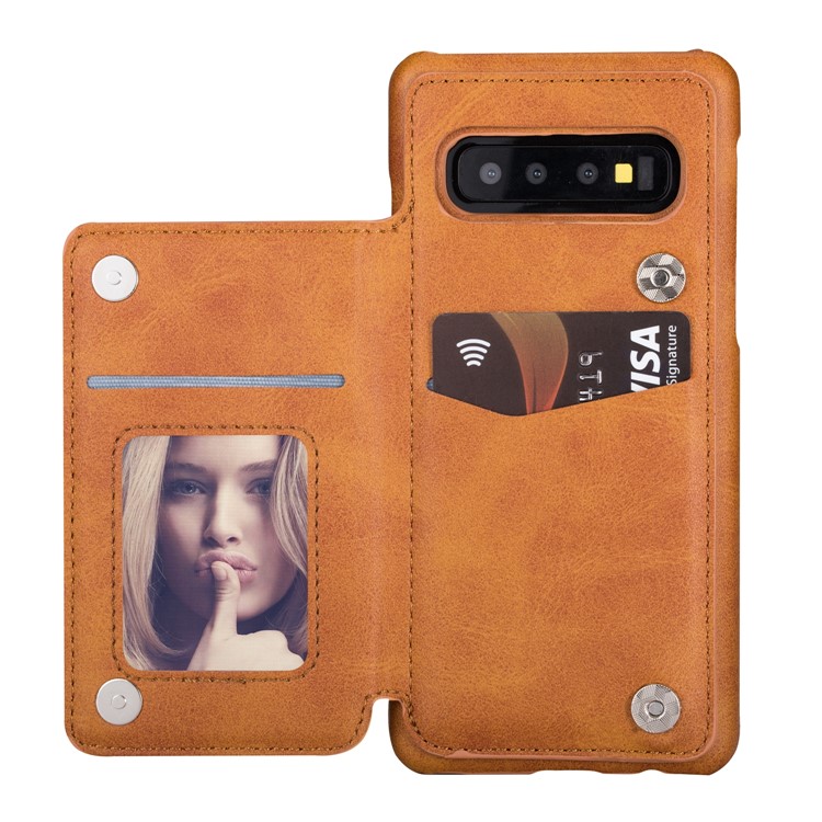 PU Leather + PC Card Holder Kickstand Phone Case Cover for Samsung Galaxy S10 Plus - Brown-4