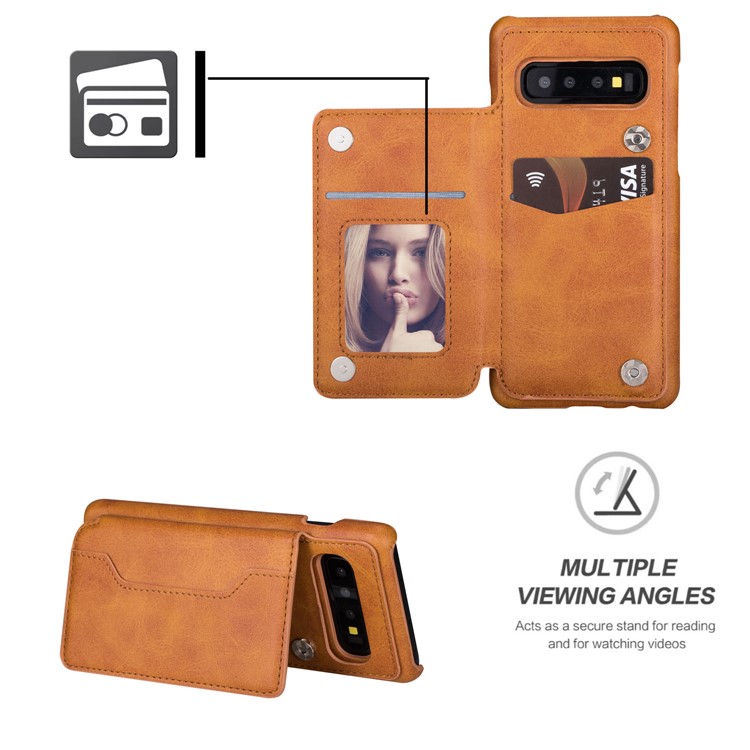 PU Leather + PC Card Holder Kickstand Phone Case Cover for Samsung Galaxy S10 Plus - Brown-9