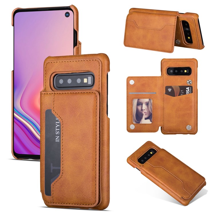 

PU Leather + PC Card Holder Kickstand Mobile Phone Case for Samsung Galaxy S10 - Brown, Galaxy S10