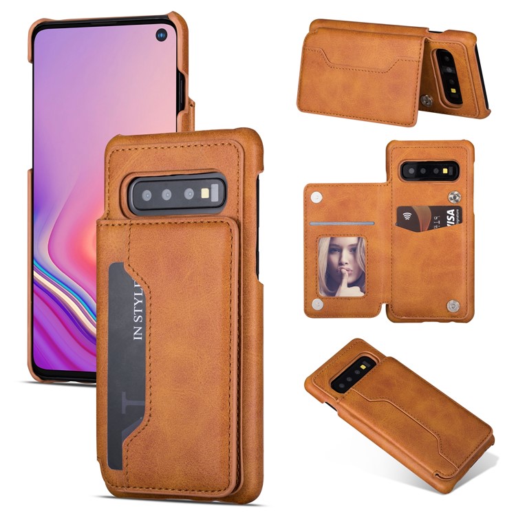 PU Leather + PC Card Holder Kickstand Mobile Phone Case for Samsung Galaxy S10 - Brown-1