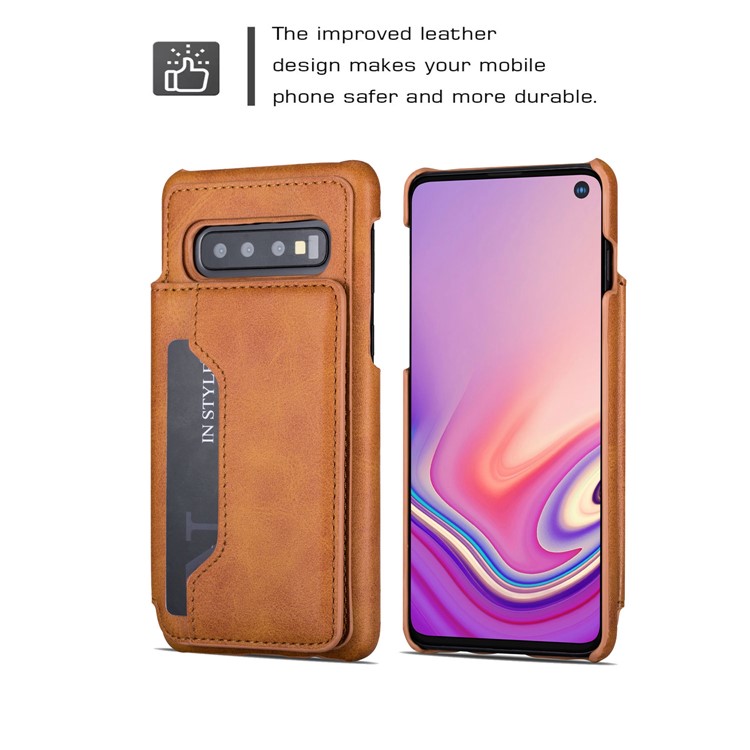 PU Leather + PC Card Holder Kickstand Mobile Phone Case for Samsung Galaxy S10 - Brown-11