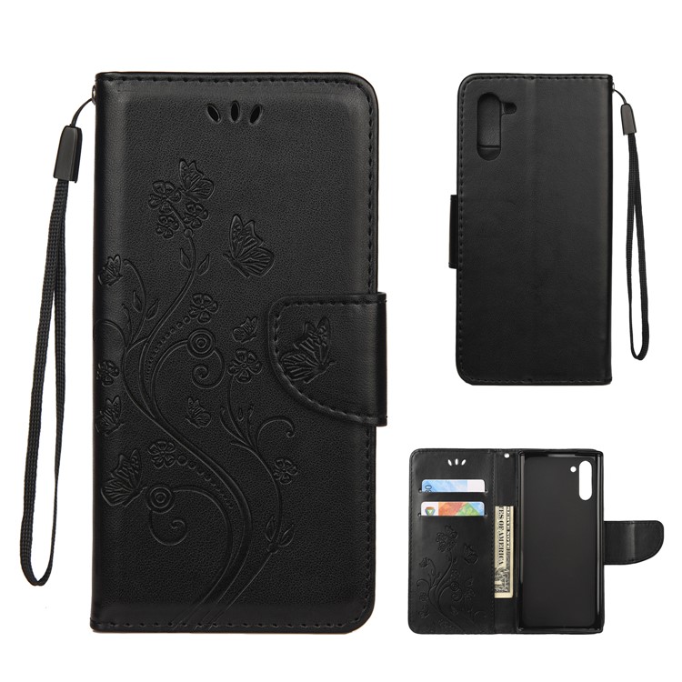 Imprint Butterfly Flower Leather Wallet Case for Samsung Galaxy Note 10 - Black-1