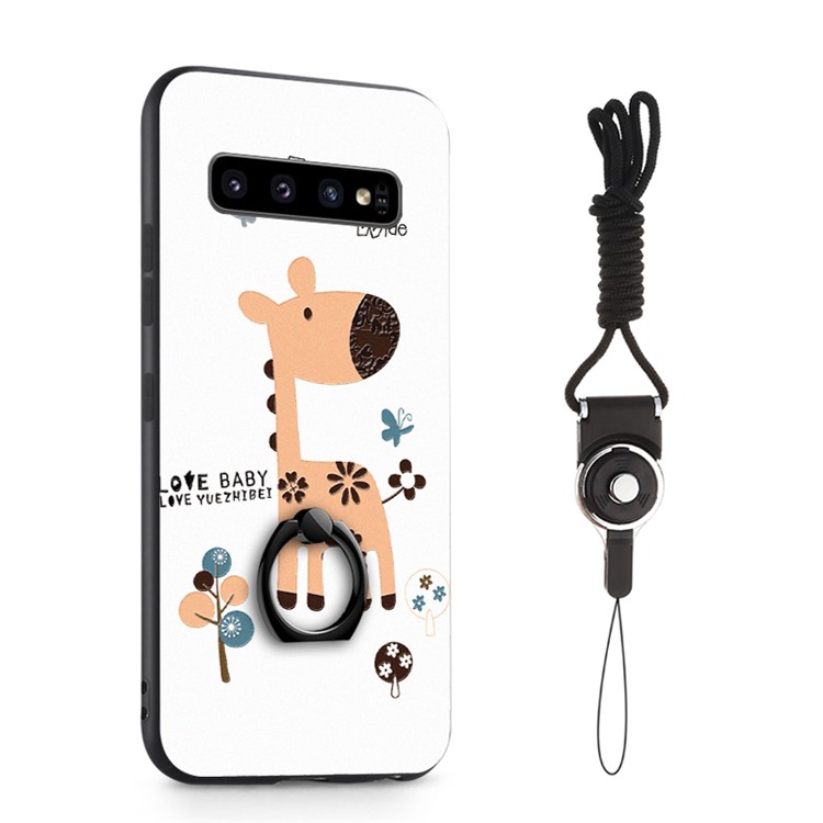 

Pattern Printing 360° Rotary Finger Ring Kickstand TPU+PC Protective Back Case with Strap for Samsung Galaxy S10 - Giraffe, Galaxy S10