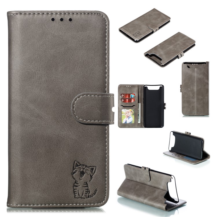 Imprinted Cat Pattern Leather Wallet Cover Phone Case for Samsung Galaxy A80/A90 - Grey-1