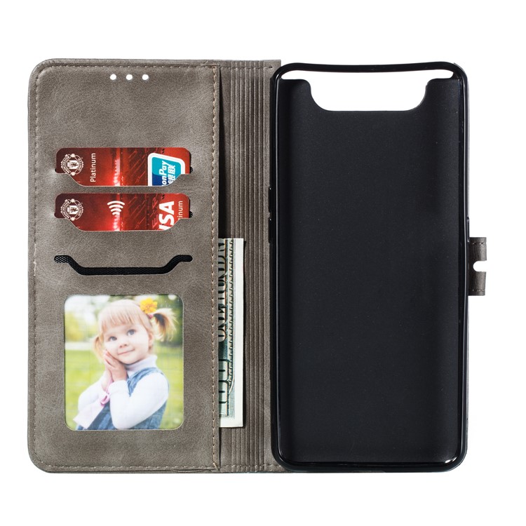 Imprinted Cat Pattern Leather Wallet Cover Phone Case for Samsung Galaxy A80/A90 - Grey-4