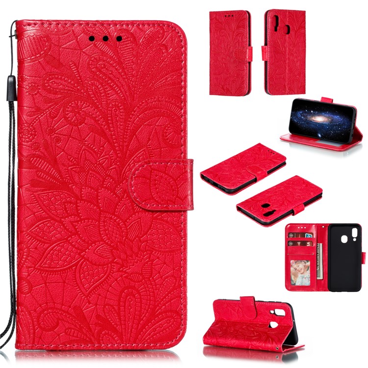 Imprinted Lace Flower Pattern Leather Wallet Stand Phone Case for Samsung Galaxy A40 - Red-1