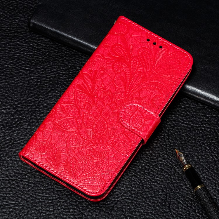 Imprinted Lace Flower Pattern Leather Wallet Stand Phone Case for Samsung Galaxy A40 - Red-11