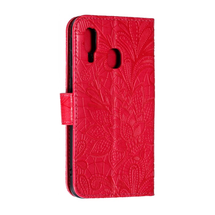 Imprinted Lace Flower Pattern Leather Wallet Stand Phone Case for Samsung Galaxy A40 - Red-4