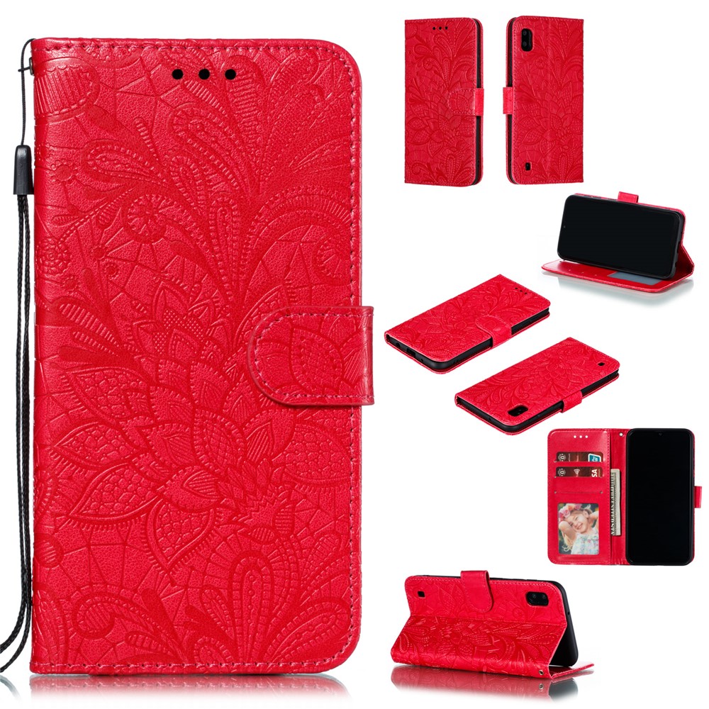 Imprinted Lace Flower Pattern Leather Wallet Stand Phone Case for Samsung Galaxy A10 - Red-1