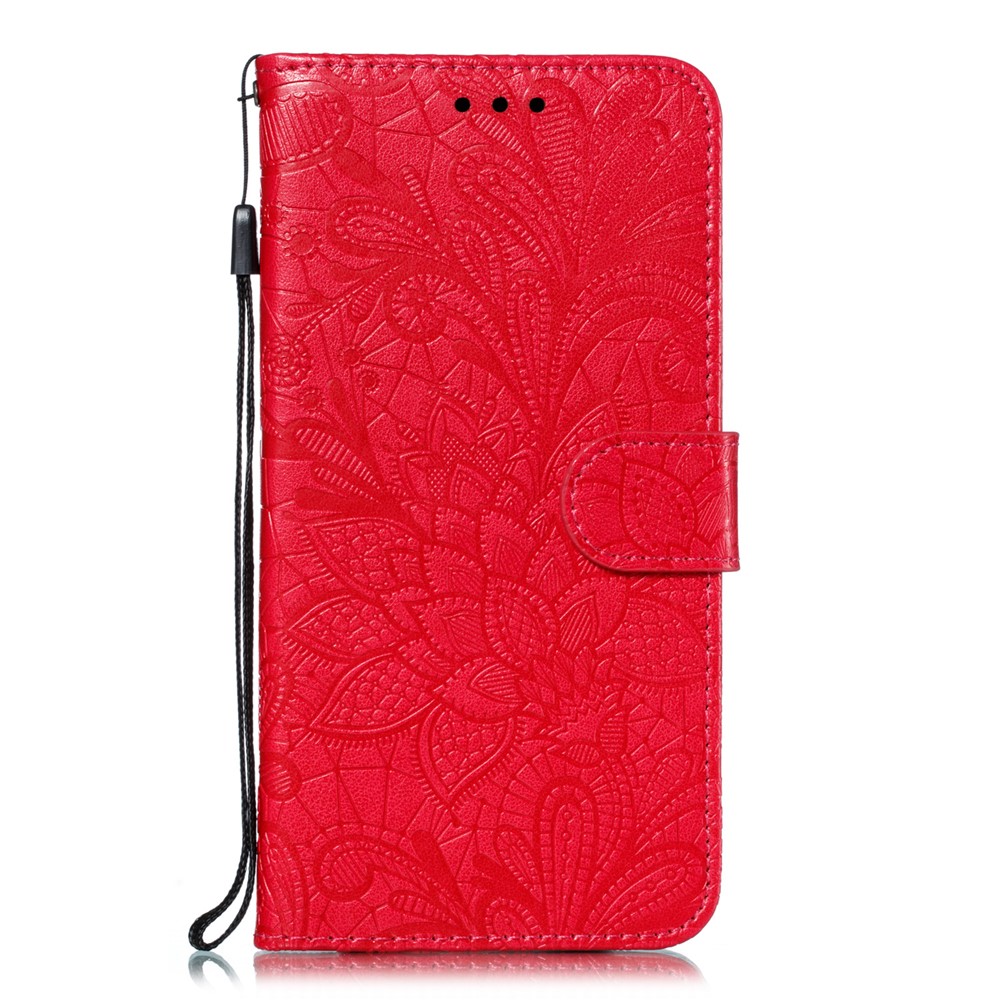 Caixa de Telefone Com Carteira de Couro Com Padrão de Flor de Renda Impressa Para Samsung Galaxy A10 - Vermelho-2