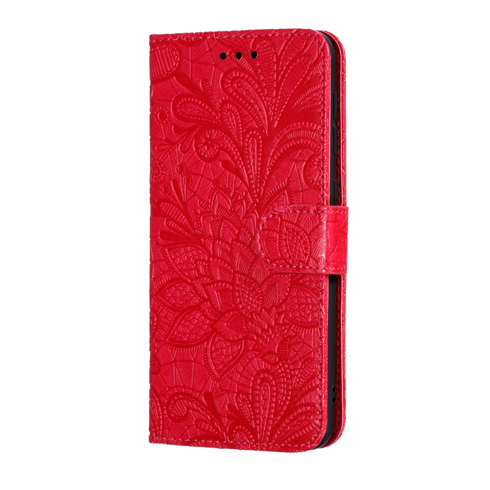 Caixa de Telefone Com Carteira de Couro Com Padrão de Flor de Renda Impressa Para Samsung Galaxy A10 - Vermelho-3