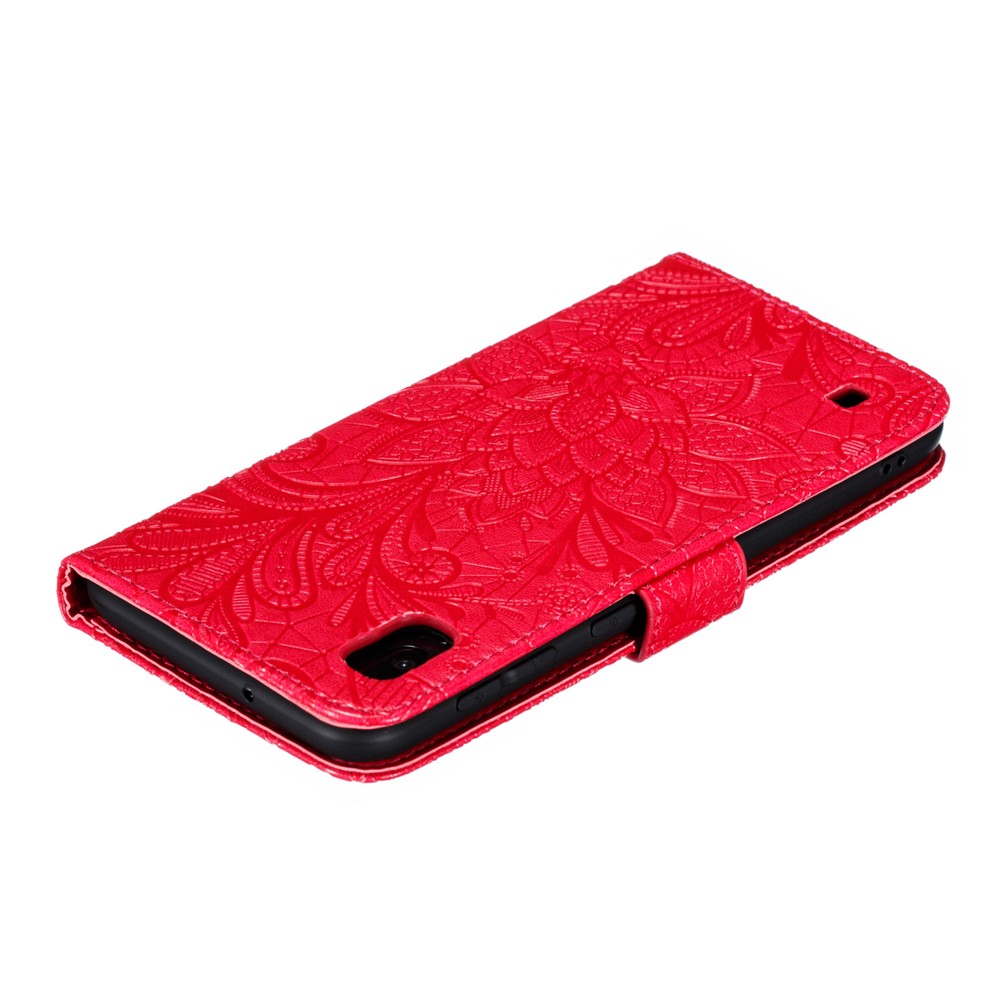 Caixa de Telefone Com Carteira de Couro Com Padrão de Flor de Renda Impressa Para Samsung Galaxy A10 - Vermelho-6